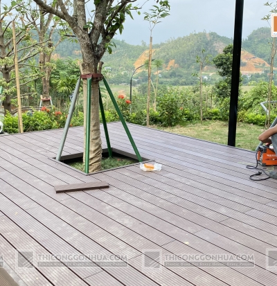 Thi công sàn gỗ ngoài trời Ecowood, sàn gỗ nhựa sân vườn tại Quốc Oai, Hà Hội.